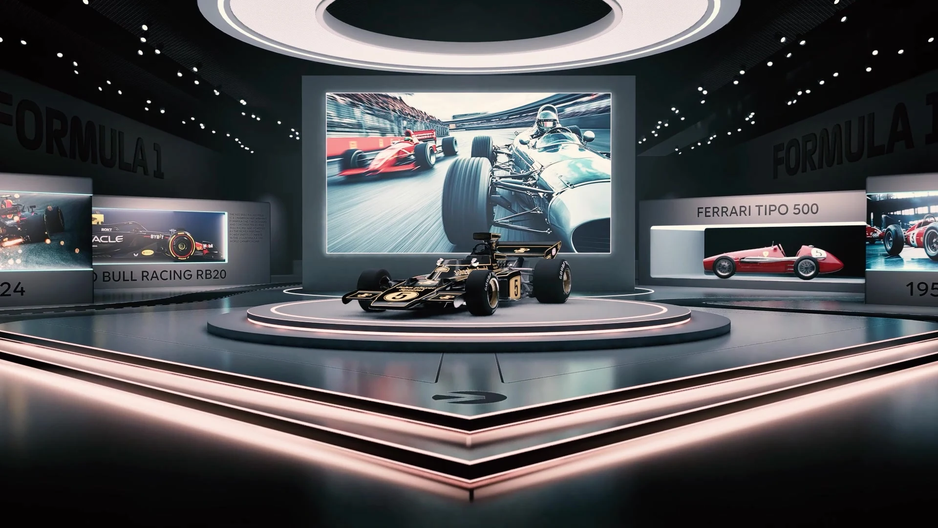 Wide view of the automotive showroom with a circular vehicle platform, illuminated steps and surrounding displays